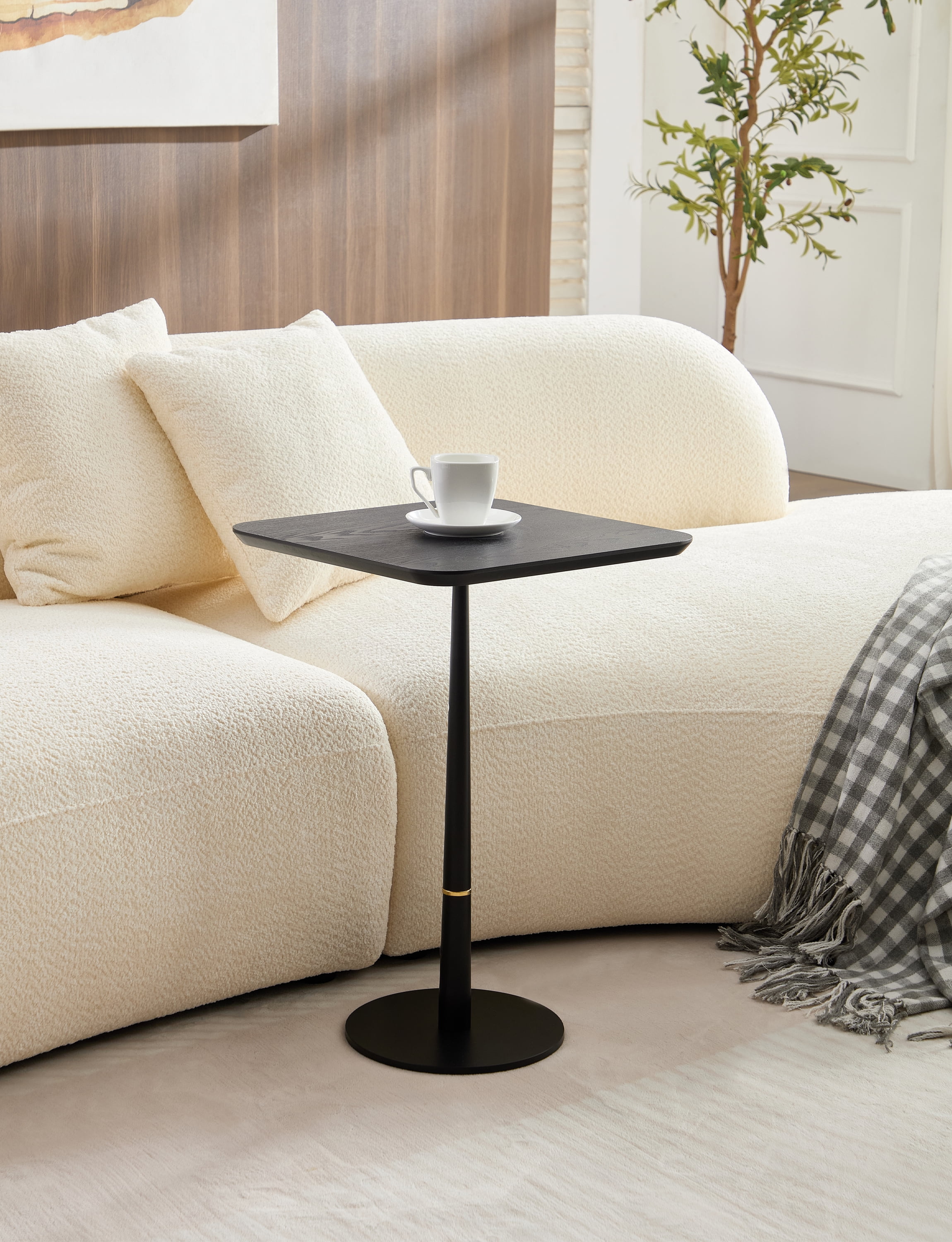 Square Coffee Table, Black Matte MDF Side Table with Metal Feet & Gold Decorative Ring, Waterproof Wear-Resistant Accent Table for Living Room Lounge Sofa Corner, Multi-Use as Computer Desk