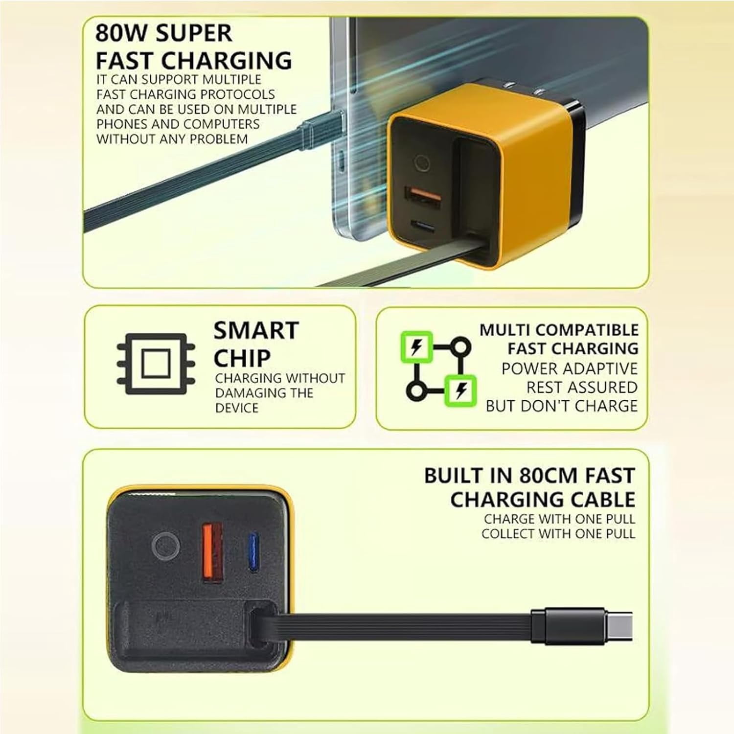 3 in 1 Charger, 80 Watt All in One Chargers, Scalable 80w Max Fast Charger Module with Type C Cable and 2 USB Ports, Retractable Phone Charger Wall Plug for Smartphones (Yellow)