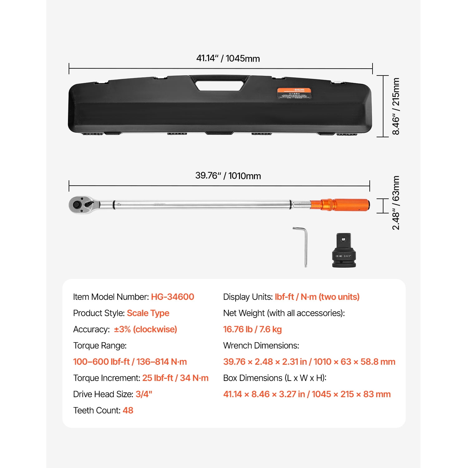 KFFKFF 3/4 Inch Drive Click Torque Wrench, 100-600 lbf-ft / 136-814 N.m, Dual-Direction Tool with Dual Range Scales, 48-Tooth Design, ±3% Accuracy, Alloy Steel Construction for Vehicle Maintenance