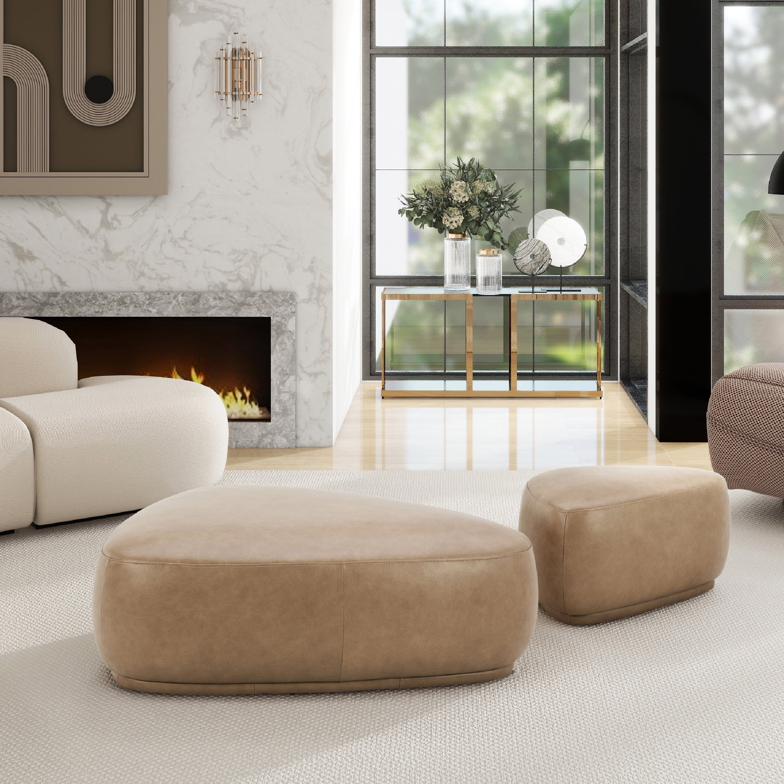 Jennifer Taylor Home Pebble 44" & 26" Rounded Triangle Cocktail Ottoman Set, Tuscan Tan Brown Top Grain Leather