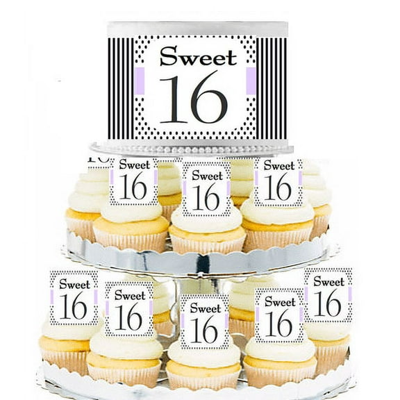Sweet 16 Lavendar Stripes and Polka Dot Edible Photo Toppers & Edible Cupcake Decoration Kit