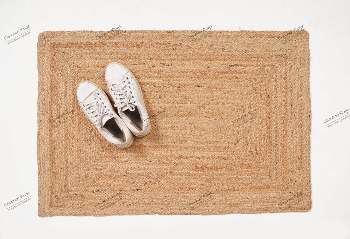 Rectangle Rug Natural Jute Rug Hand Braided Beige Color Rounding Line Area Rug