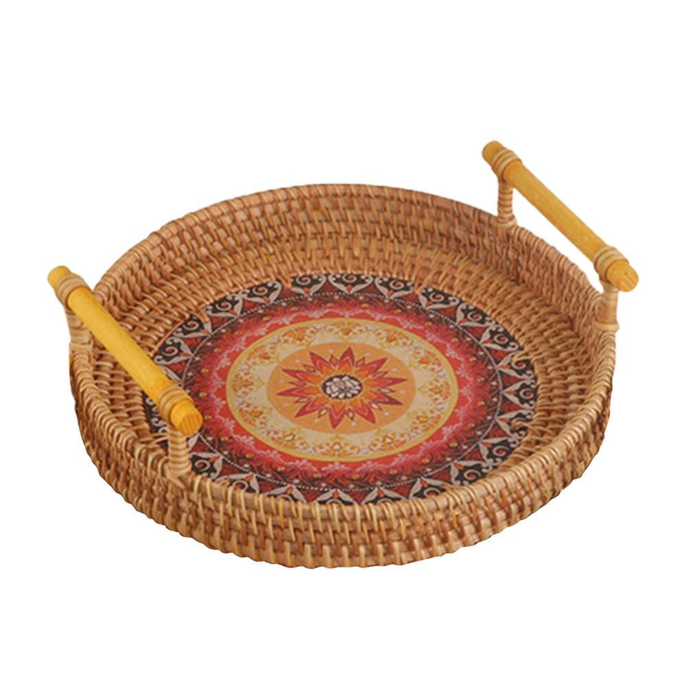 IMSHIE Woven Tray Basket Round Rattan Decorative Tray Handmade Serving