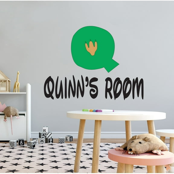 DINO LETTER Q - Multicolored Jurassic Themed Art Dinosaur Foot Print Decoration Letter Q Alphabet Customized Name Vinyl Adhesive Kids Bedroom Wall Decal 10" x 7"
