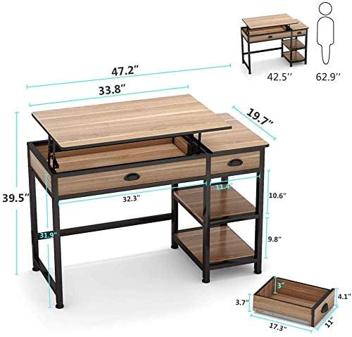 47 Lift Top Computer Desk with Drawers Home Office Desk with Storage  Shelves Adjustable Standing Desk Workstation