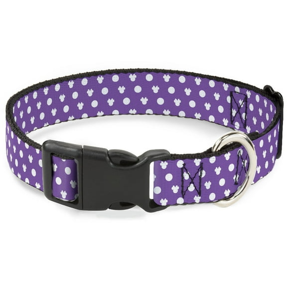 Disney Pet Collar, Dog Collar Plastic Buckle, Minnie Mouse Ears Monogram Dots Purple White, 7 to 8.5 Inches 0.5 Inch Wide
