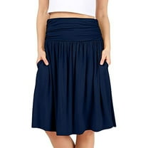 Mqqzkk Skirts for Women Knee Length Flowy Ruched Flowy Midi Skirt High Waisted Pleated Stretchy Skirt with Pockets