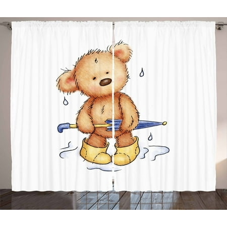 Bear Curtains 2 Panels Set Teddy Bear Caught Up In Rain With
