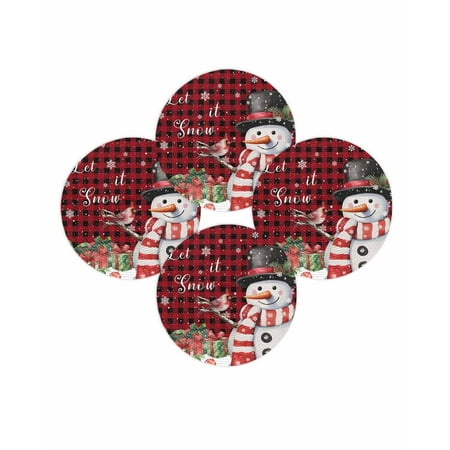 Christmas Round Placemats Set of 4 Snowman Cardinal Bird Place Mats Washable Woven Placemat Red Black Buffalo Plaid Circle Braided Table Mat for Kitchen Dining Table Party Home Decor 15 Inch