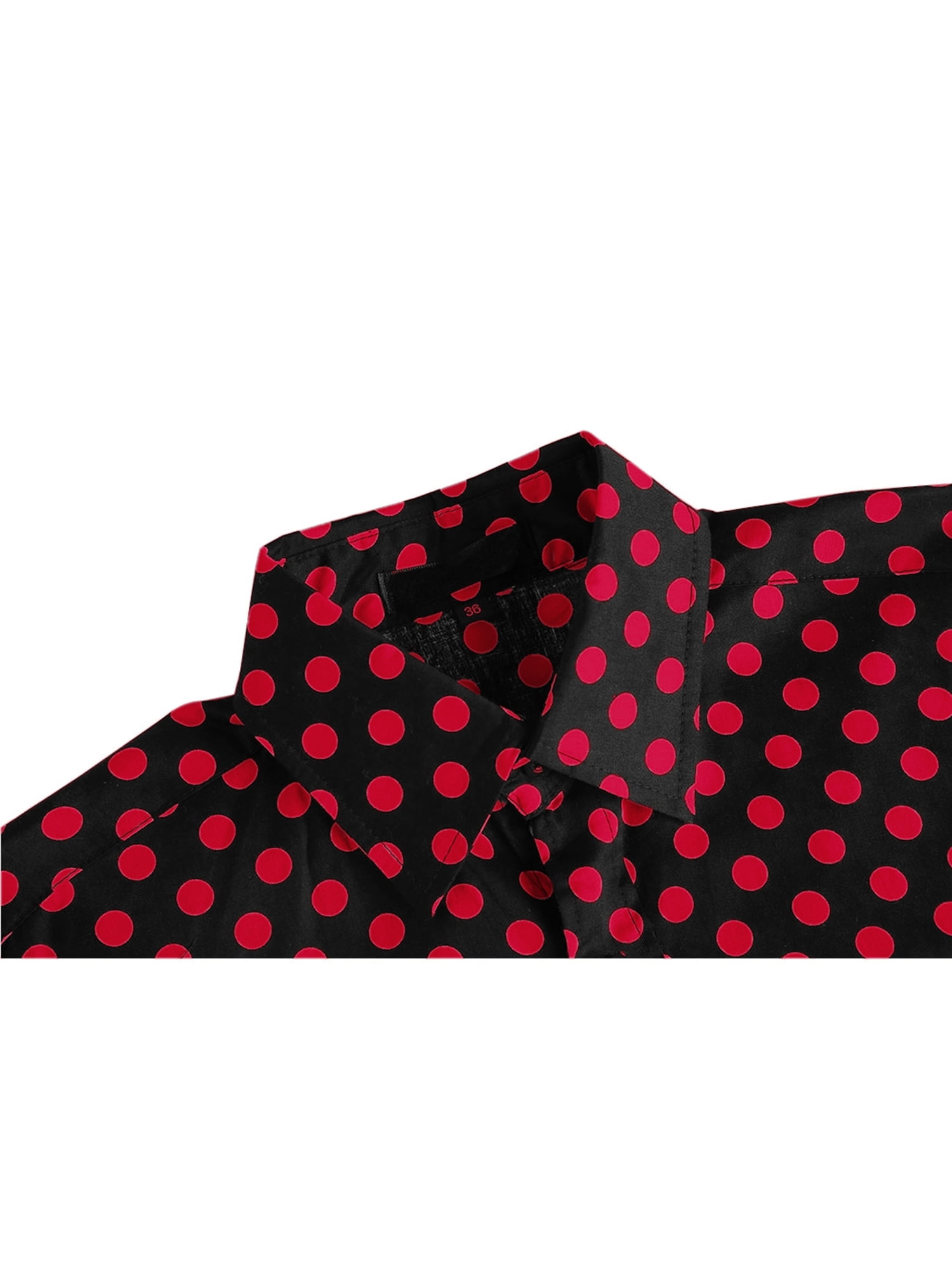 Unique Bargains Men's Long Sleeve Button Slim Polka Dots Shirt 34 Red Black
