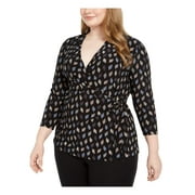 ANNE KLEIN Womens Black Printed 3/4 Sleeve V Neck Faux Wrap Top Plus Size: 3X