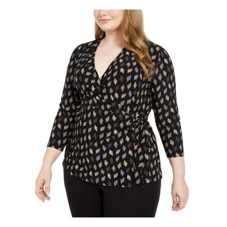 ANNE KLEIN Womens Black Printed 3/4 Sleeve V Neck Faux Wrap Top Plus Size: 3X