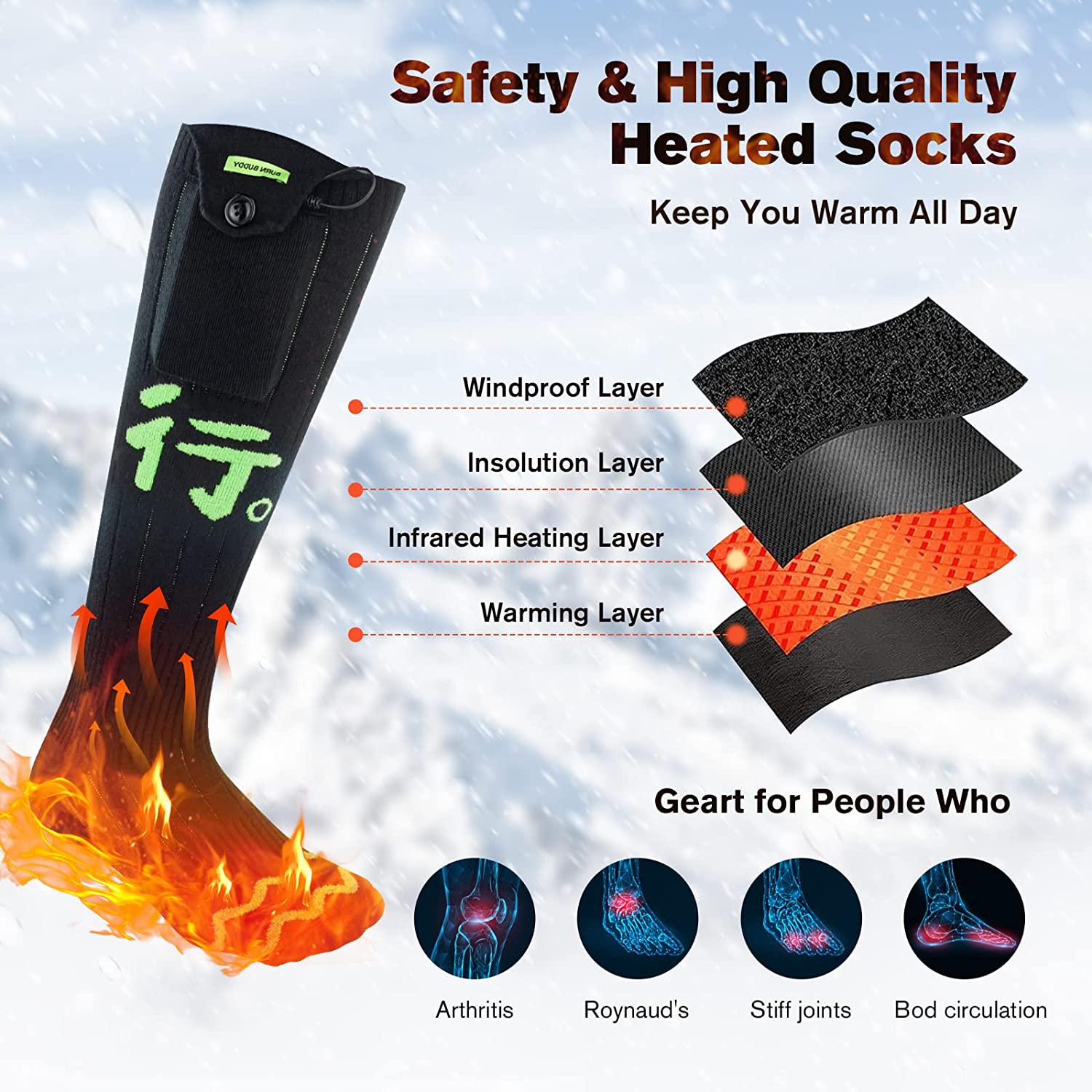Heated Socks for Men Women,Rechargeable Heated Socks with 4 Heating Level,Battery Heated Socks Washable Electric Socks for Men Skiing Hunting Camping L