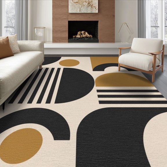 ODIKA 8'x10' Washable Area Rug Black Gold Geometric Design Elegant Abstract Art Inspired for Living Room, Under Sectional, Family , Durable, Non-Slip