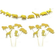 Gold Jungle Animal Banner Gold Glitter Jungle Safari Animal Cupcake Toppers for Baby Shower Birthday Party Supplies and Decorations(13 Piece)