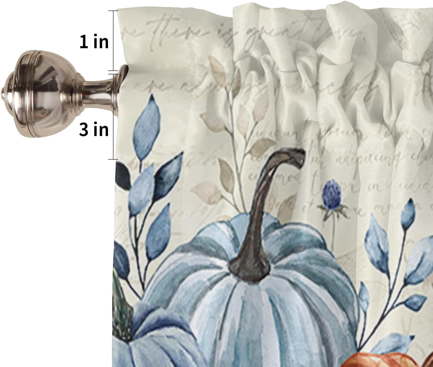 Blue Grey Pumpkin Fall Kitchen Curtains Set Half Curtains 24 Inches Length, Thanksgiving Rustic Tier Curtains and Valance Set, Maple Leaf Botanical Window Treatment Draperies for Cafe Bathroom Bedroom