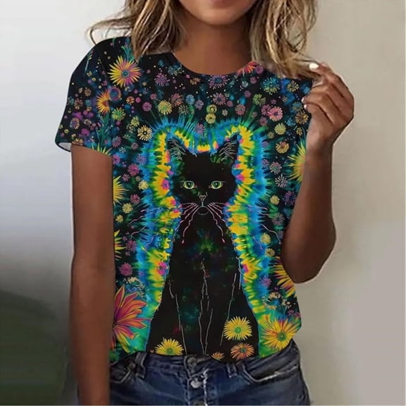 T Shirts Women Short Sleeve Tie Dye T Shirt Animal Print Casual Loose Fit Womens Tops Multicolour L