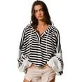 thumbnail image 6 of Women's Black and White Oversized Striped Henley Hooded Top with Dolman Sleeves - [ZhiHiMeRi] | (US 12-14)L, 6 of 6