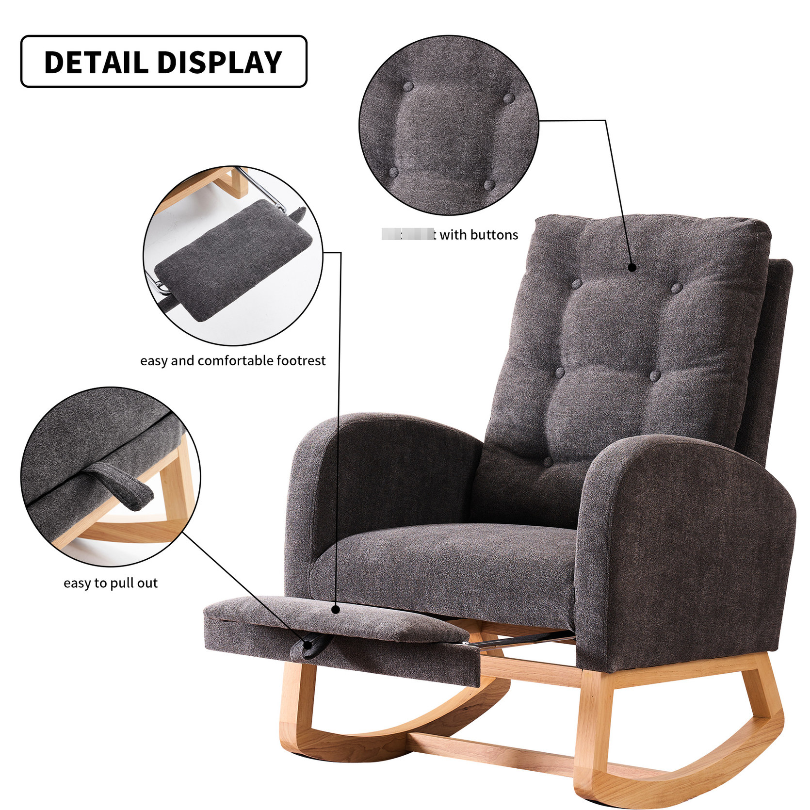 Gray Rocking Chair with Ergonomic Armrest / Offer Strong Support in Nursery