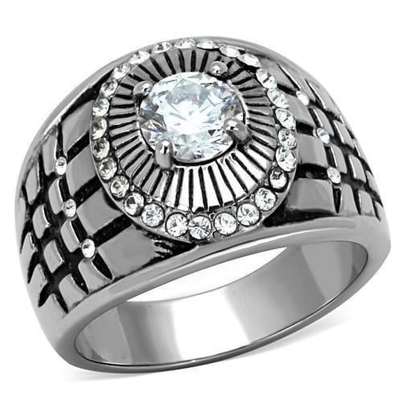 Mens Ring Round Cut Large Stainless Steel Ring with AAA Grade CZ in Clear