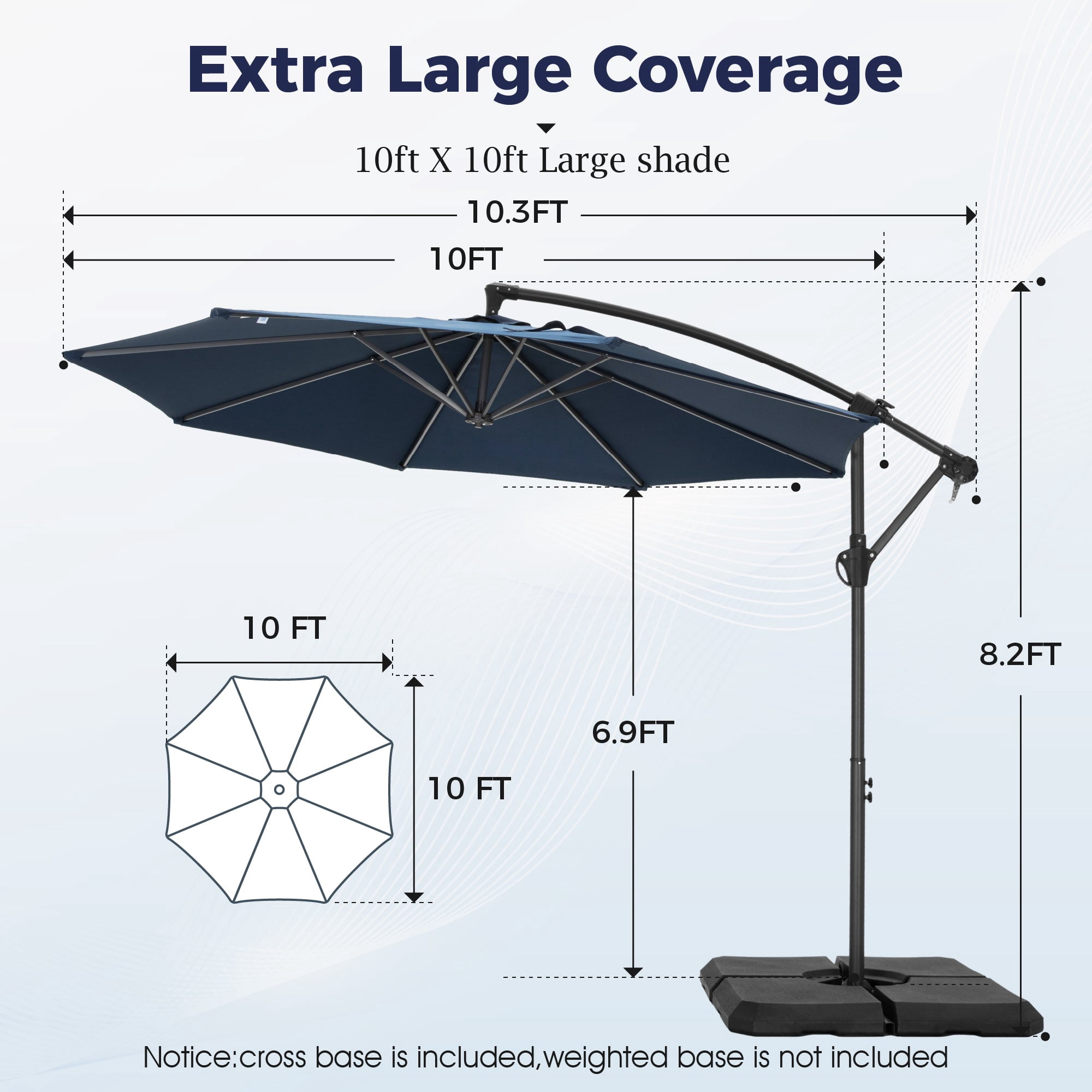 Alpha Joy 10ft Outdoor Patio Offset Market Hanging Umbrella with 8 Steel Ribs & Cross Base(No Weight), Navy Blue