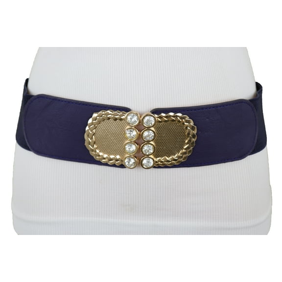 Women Dark Blue Elastic Belt Gold Metal Buckle Size S M