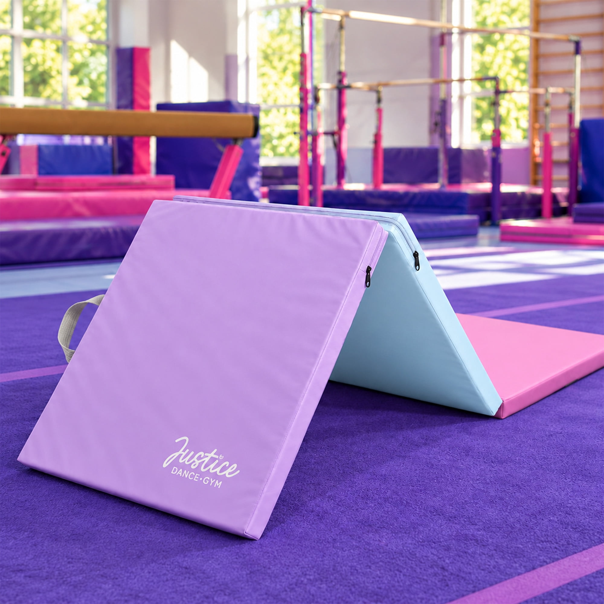 Justice 6ft Three-Fold Gymnastics Mat with Carry Handles, Multi Color, 1.5-inch Thickness