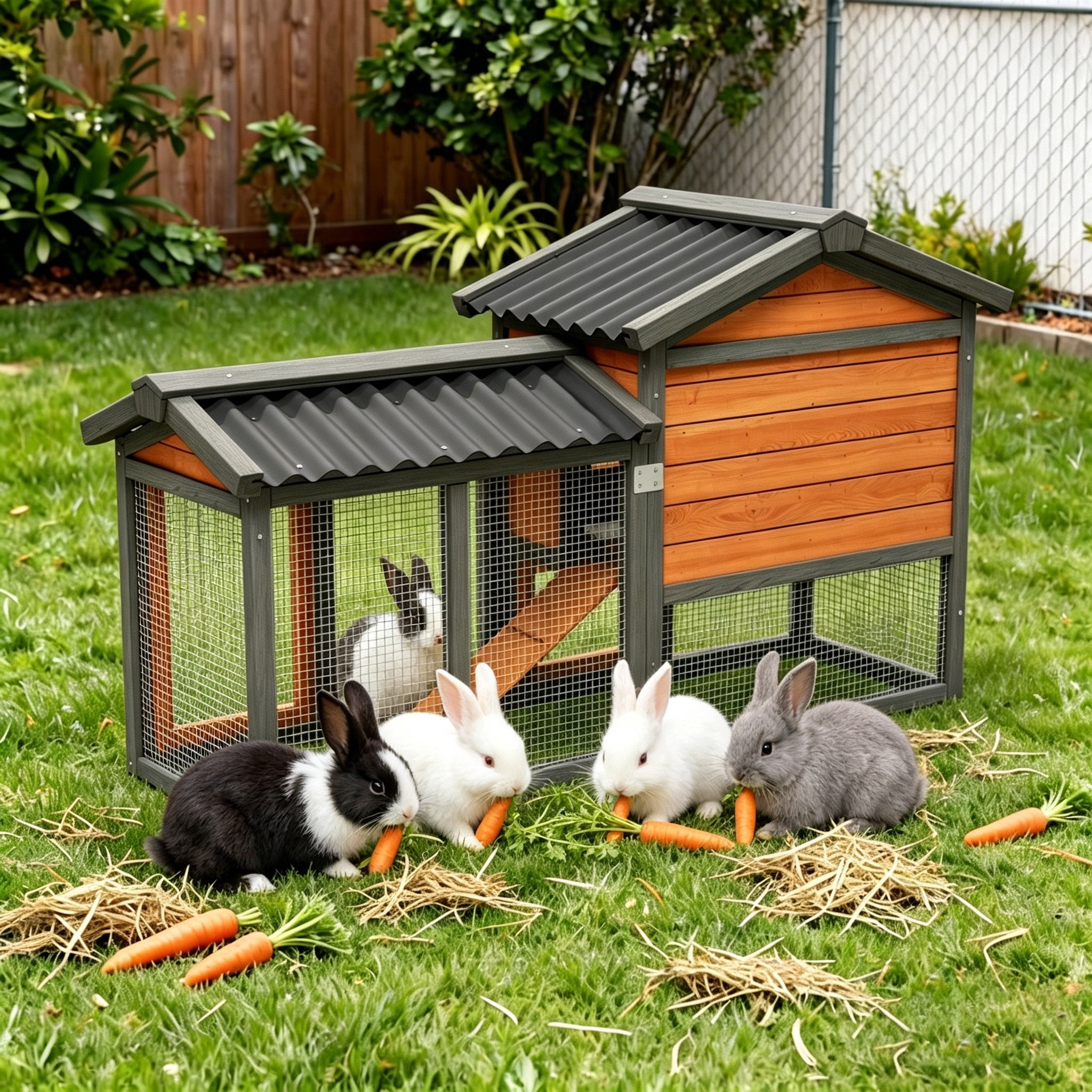 Outdoor Wooden Rabbit Hutch with Run ,Weatherproof Bunny Cage with Predator resistant Wire Mesh,Orange with Black
