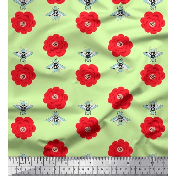 Soimoi Cotton Poplin Fabric Floral & Bee Insects Decor Fabric Printed Yard 42 Inch Wide