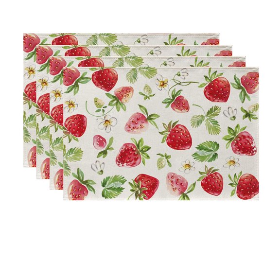 Spring Summer Strawberry Placemats Set of 4, Sweet Fruit Flowers Dining Place Mats Table Decor, Seasonal Home Kitchen Decoration 12 x 18 Inch