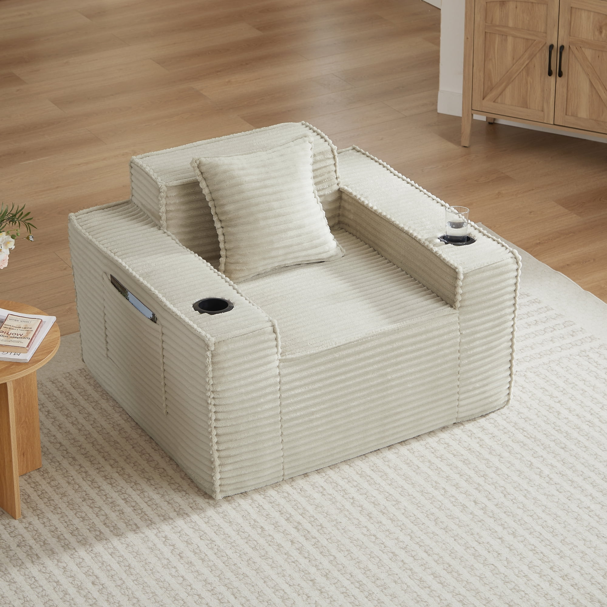 Leumius Single Cloud Sofa,Boneless Couch with Cupholders,Upholstered Corduroy Fabric Modern Armchair with Deep Seats for Living Room Bedroom,Camel