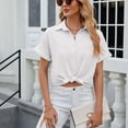 thumbnail image 5 of BLVB Womens Button down Cropped Shirts Short Sleeve Casual Crop Tops Plain Lapel Blouse Shirt Summer Clothes White, 5 of 7
