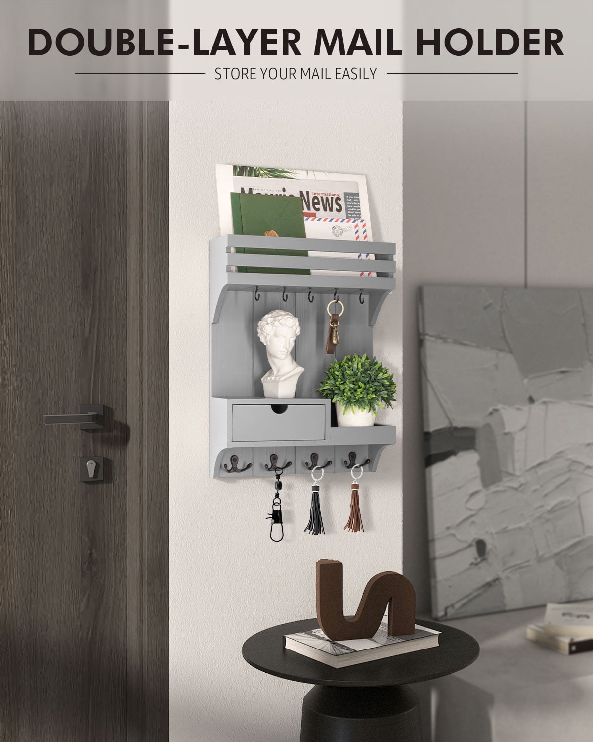 Rebee Vision Modern Key Holder Wall Mount for Home Decor - Mail Organizer with 9 Key Hooks and Mini Drawer Organizer (Gray, 12inch)