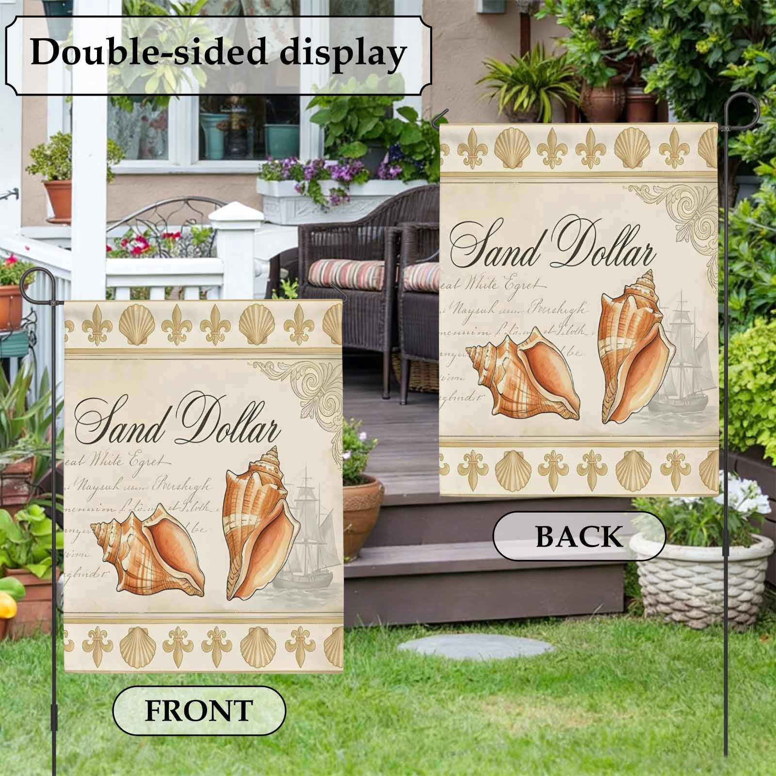 Retro Nautical House Flag 28 x 40 Inches, Ocean Beige Sand Dollar Conch Seashell Ship Weather Proof Outdoor Patio Flags Double Sided Small House Decoration for Yard Lawn Outside Home