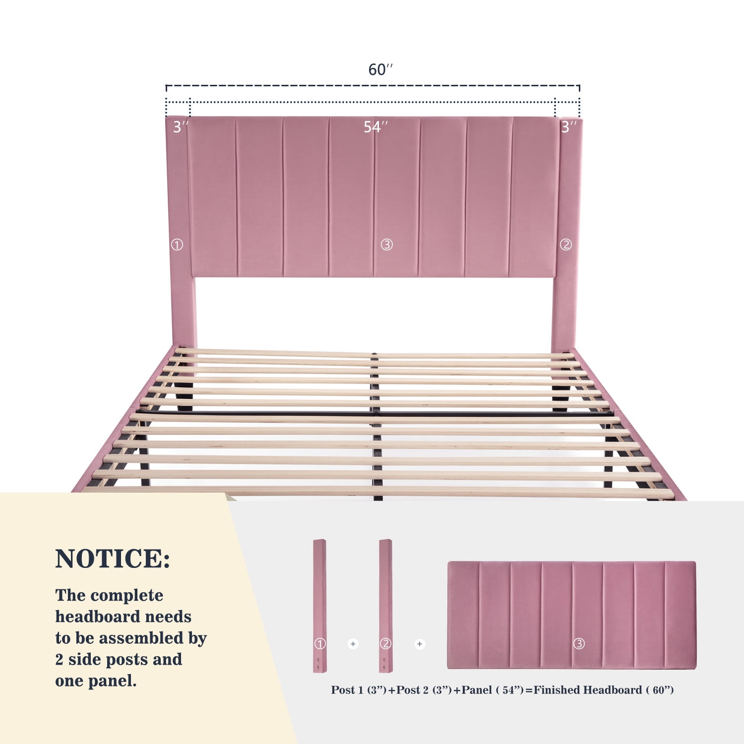 Allewie Queen Size Velvet Upholstered Bed Frame with Vertical Channel Tufted Headboard, Pink