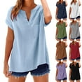 thumbnail image 6 of FAVIPT Linen Shirts for Women 2025 Cotton Linen Shirt Summer Short Sleeve Roll Up Loose Fit V-Neck Tunic Top Dressy Trendy Casual Work Blouse Gauze Tops Light Blue,S, 6 of 6