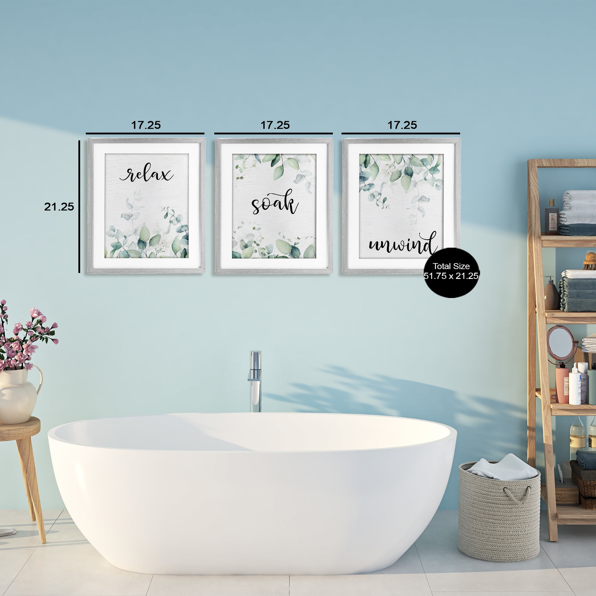Leafy Bathroom Herbs 3 Piece Gray Framed Print Under Glass Set, design by Lettered and Lined
