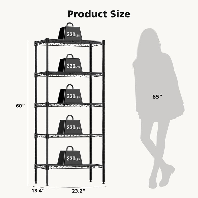 Gianna 5-Tier Metal Wire Storage Shelves, Adjustable Standing Storage Rack Shelf, Heavy Duty Steel Shelving Unit Organizers for Kitchen Bathroom Pantry Garage, 23.3" W×13.4" D×60" H, Black