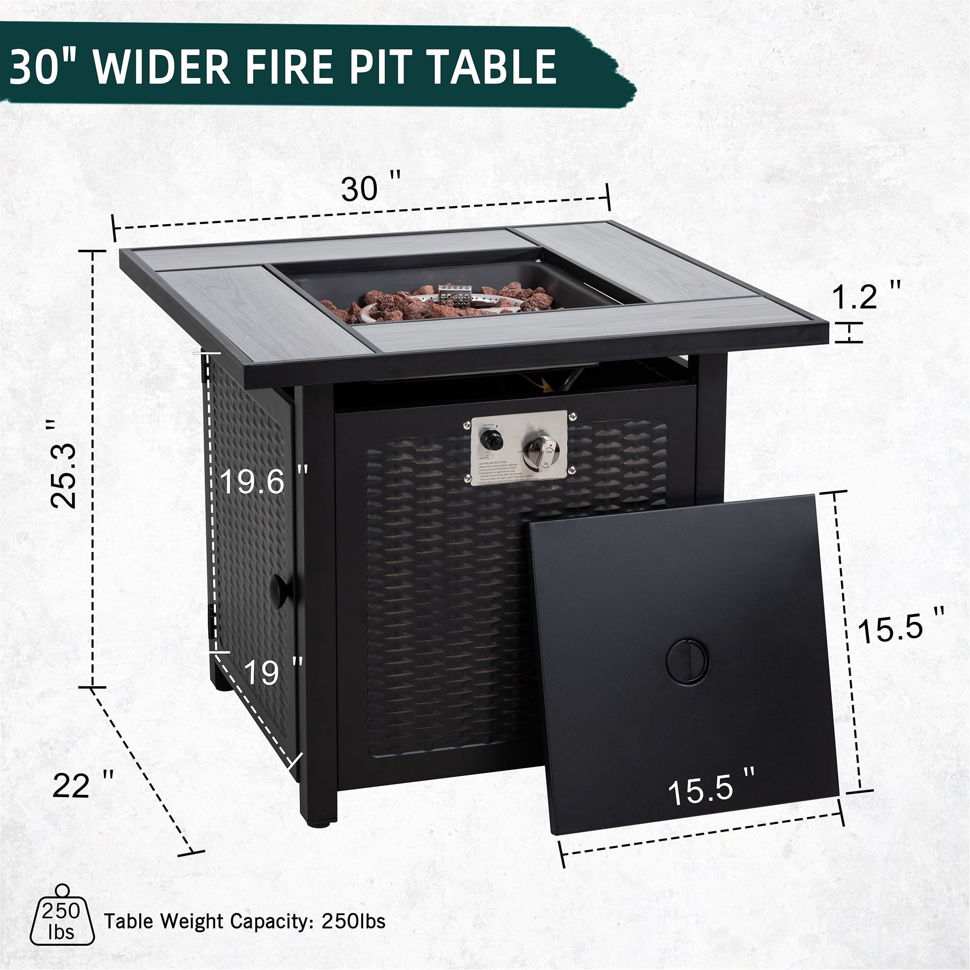Walsunny 30" Propane Gas Fire Pit Table with Lid 50,000 BTU Square Outdoor Wicker Light Grey