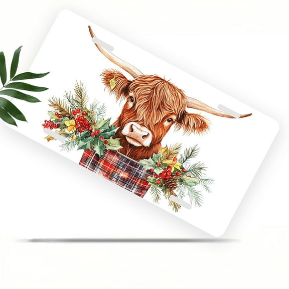 License Plate, Festive Highland Cow Decorative Front,Personalized Stainless Steel License Plate Cover For Men Women,12.2" X 6.2"