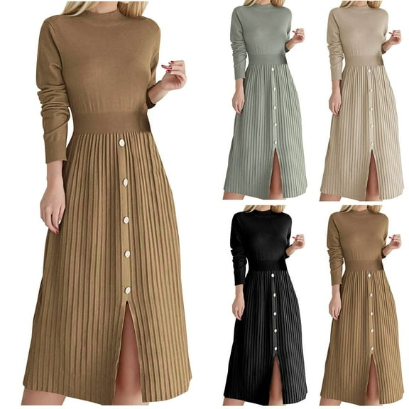 YHAJDS Women's Fall Winter Casual dress,Fall Dresses For Women Women's Dresses Long Sleeve Dress Solid Color Round Neck Split Knee Length Knit Midi Dress Casual Dress