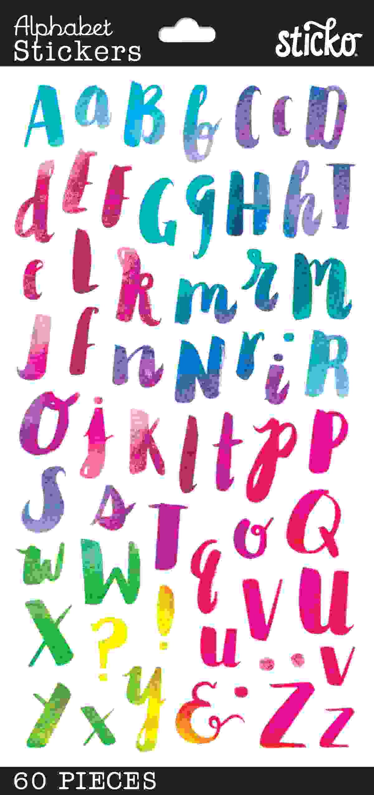 Sticko Multicolor Watercolor Alphabet Paper Stickers, 60 Piece