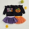 thumbnail image 6 of GYRATEDREAM Toddler Baby Girls Halloween Outfit Ruffle Long Sleeve Pumpkin Letter Embroidery Sweatshirt Top + Tulle Dress Mini Skirt 2Pcs Sets Kids Fall Clothes for 12 Months-5 Years Black Purple, 6 of 6