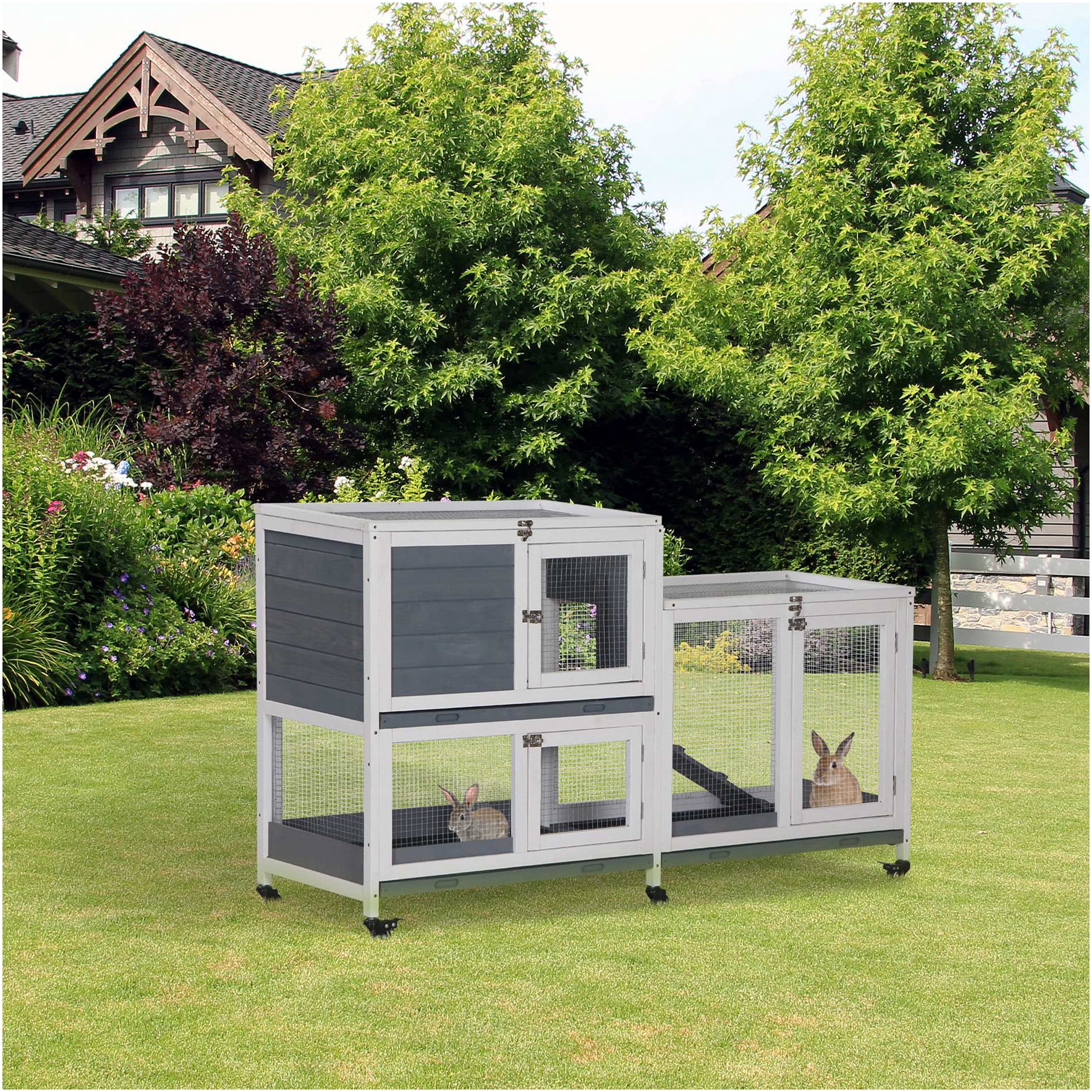 JERFIT 2-Tier Wooden Rabbit Hutch with Wheels, Spacious Indoor Bunny Cage House with Leak-Proof Tray & Ramp for Guinea Pigs, Small Animals, Grey