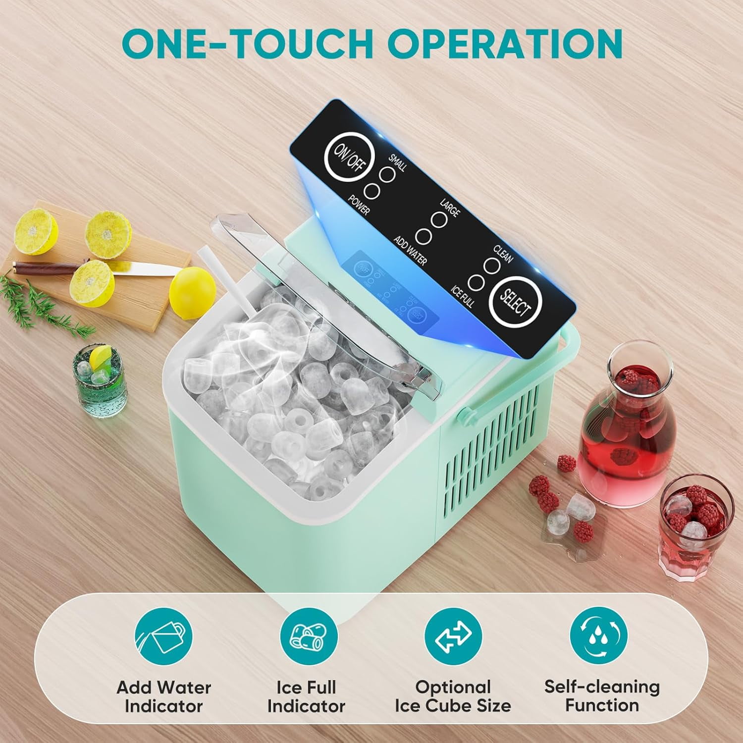 Ice Maker, 9Pcs/6Min, Self-Cleaning Portable Ice Maker Machine, 40 db quieter processing, 26Lbs/24H with Ice Scoop and Handle, 2 Sizes Bullet Cubes Makers,Green