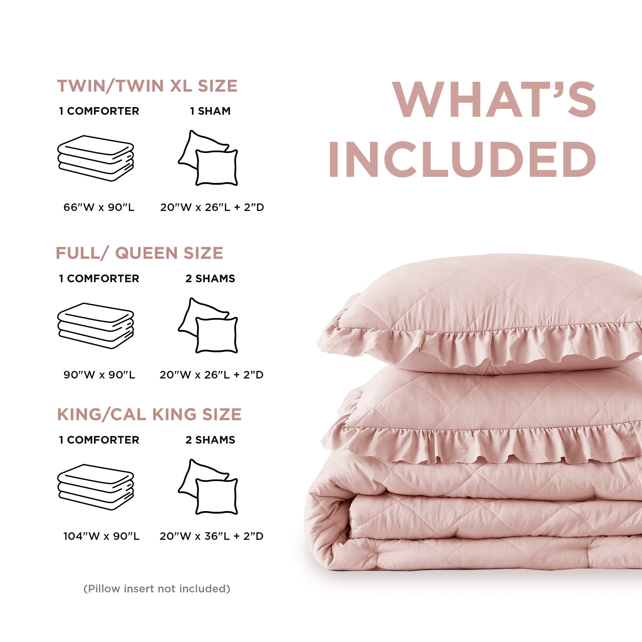 Regency Heights King/Cal King Comforter Set Pink, 3 Pieces Quilted Ruffle Comforters King/Cal King Size, Solid Bedding Comforters Sets, Gift for Women