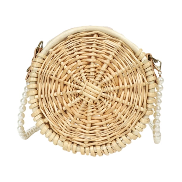 Bolso redondo de ratán, estilo bohemio, portátil, para mujer, ideal para playa y picnic. Sólido