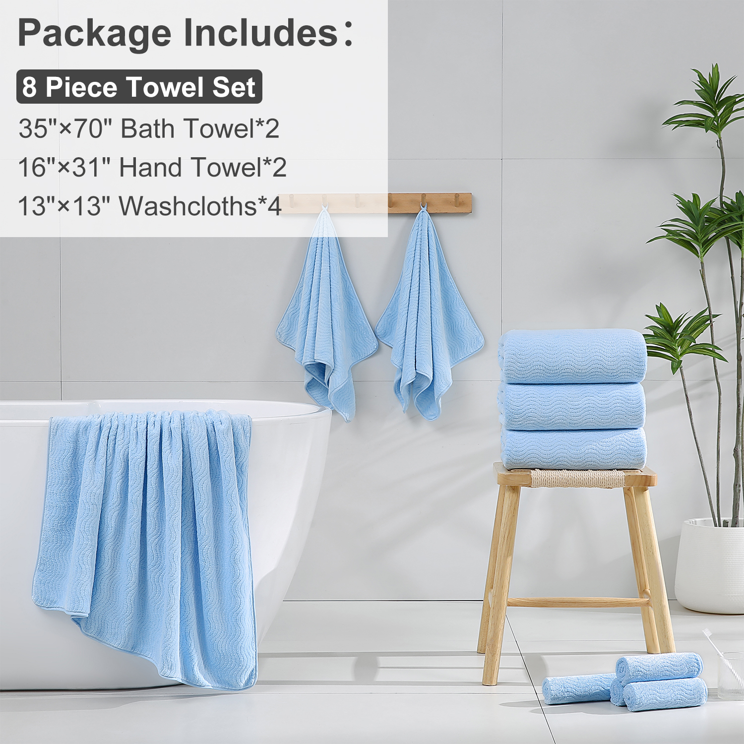 Covina Home 8 Pcs Bath Towel Set Light Blue Microfiber Bathroom Towel Set Ultra Soft Plush Oversized Towels Adult Luxury Bath Sheet