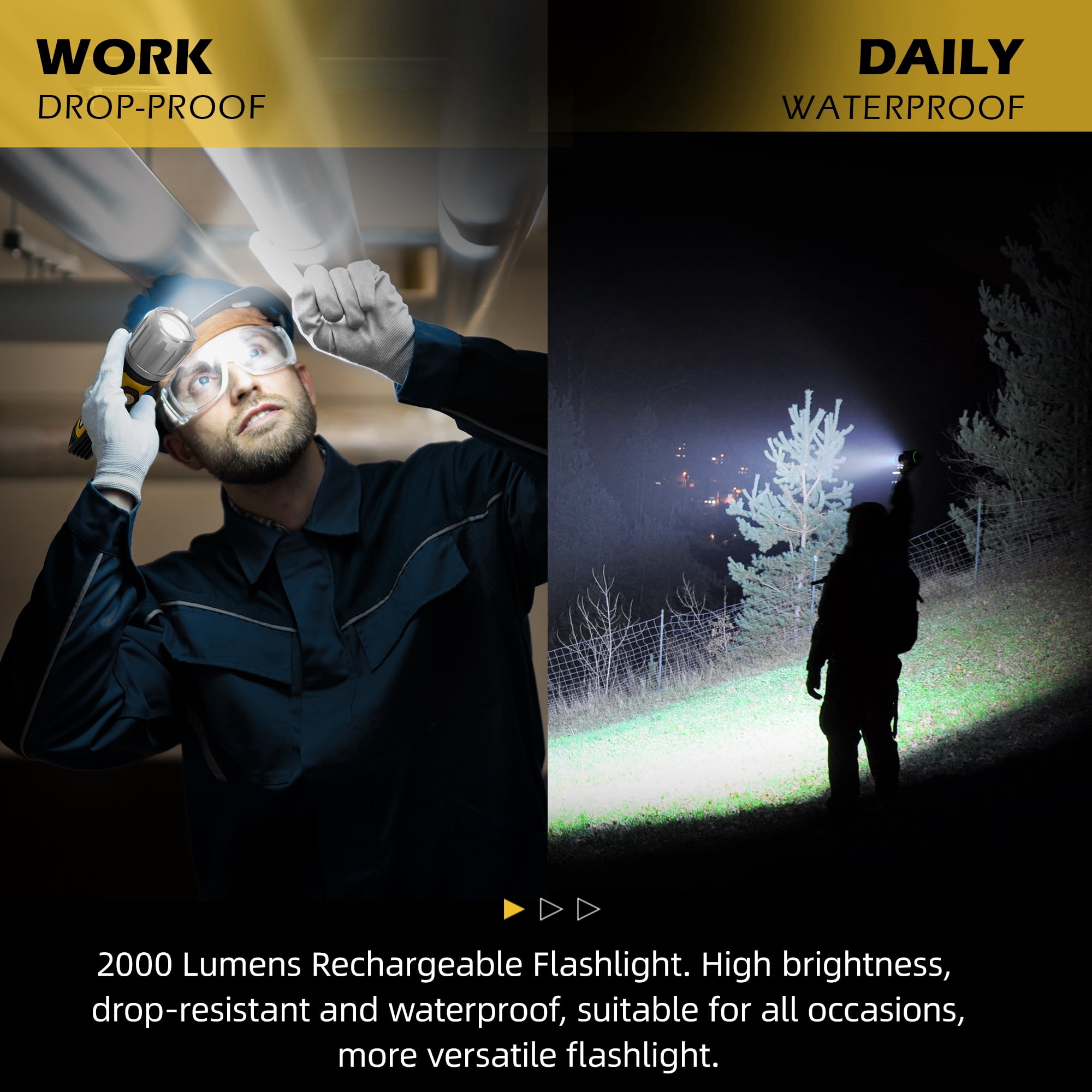 FORTO Magnetic LED Work Light, 2000 Lumens Rechargeable Flashlight, IPX8 Waterproof, 5 Modes, for Auto Repair, Garage, Workshop, Roadside Emergency