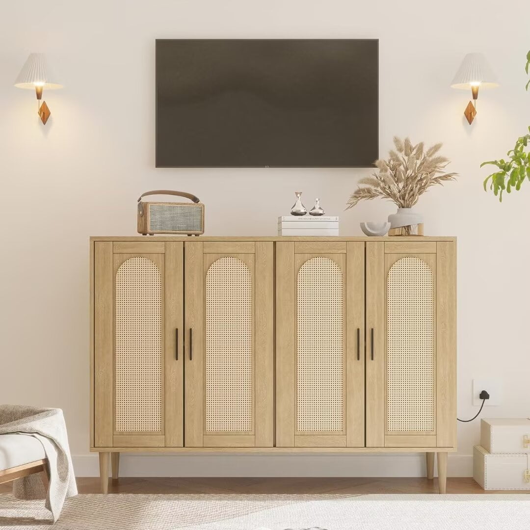 Sideboard Buffet Rattan Cabinet, Accent Storage Cabinet, Boho Large Kitchen Storage Cabinet with Power Outlet, Adjustable Shelves for Living Room, Hallway, Entryway